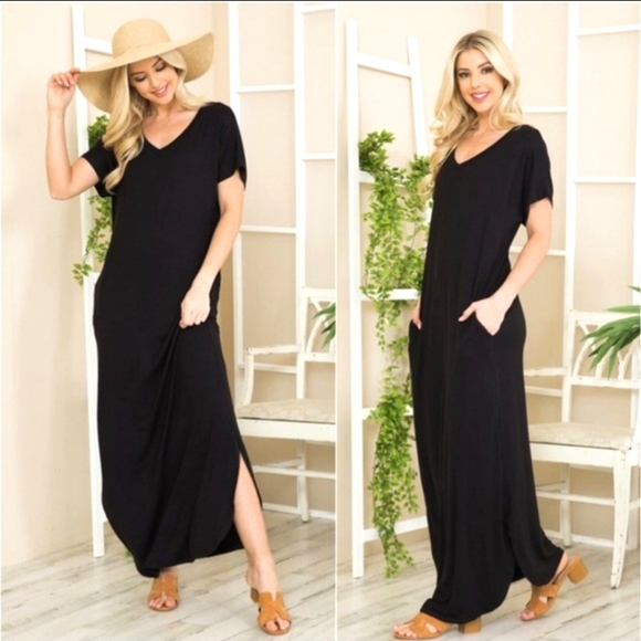 Women's Black Soft Viscose Oversized Pocket T-shirt Maxi Dress Boho - Picture 2 of 4